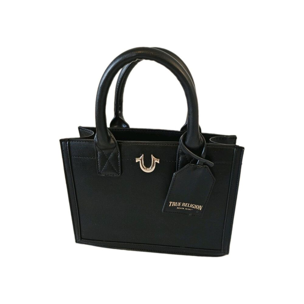 True Religion Black Faux Leather Mini Tote Bag Top Handle Crossbody